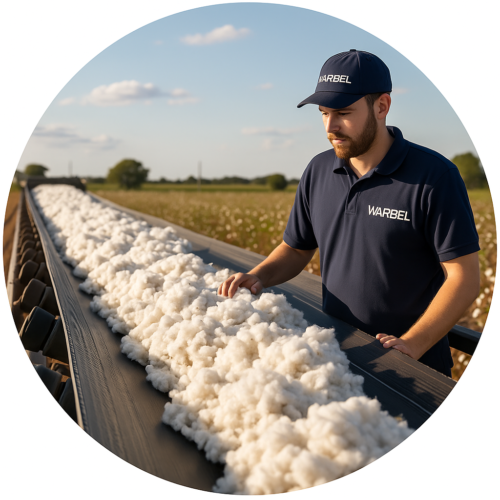 Técnico de Warbel inspeccionando banda transportadora de algodón en agroindustria del norte argentino