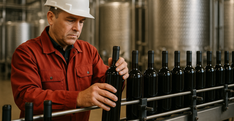 Operario inspeccionando botellas de vino en línea de embotellado de bodega de Mendoza, con tanques de acero inoxidable al fondo.