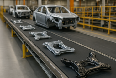 Línea de ensamblaje automotriz con partes de chasis sobre banda transportadora industrial en planta del noreste argentino