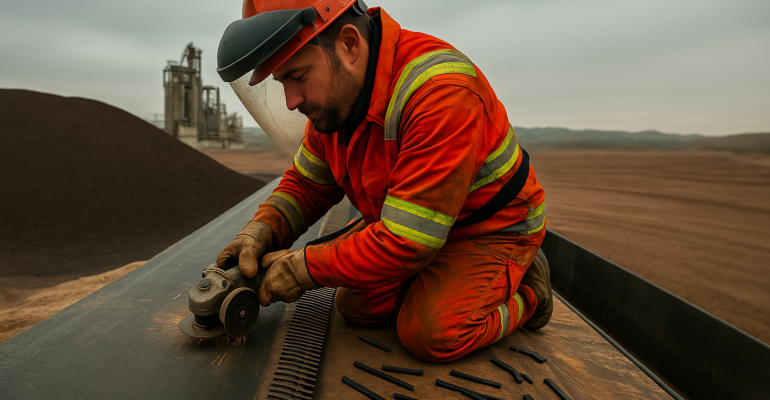 Técnico realizando mantenimiento de banda transportadora industrial en planta minera del noreste argentino