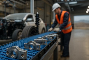 Técnico en planta automotriz realizando control de piezas sobre cinta transportadora industrial en Resistencia