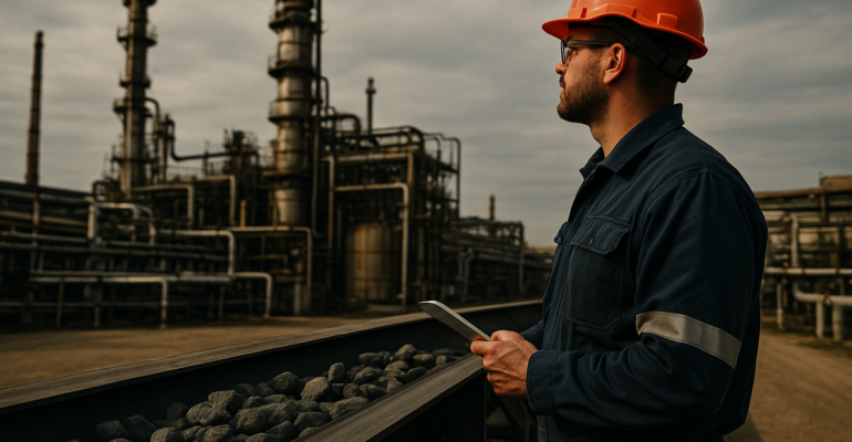 Técnico industrial inspeccionando banda transportadora de granel en planta petroquímica de Luján de Cuyo, Mendoza, con fondo de columnas y tanques de procesamiento.