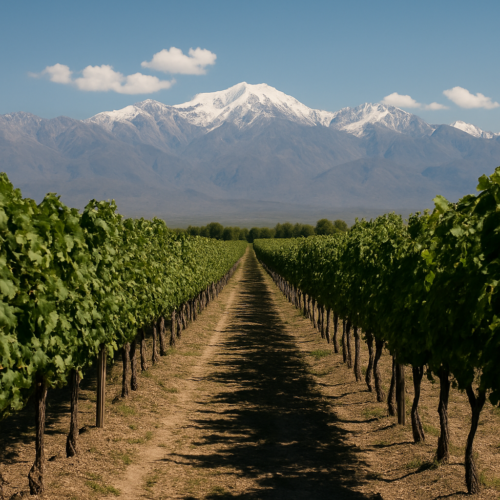 Viñedos en Mendoza con vista a la Cordillera de los Andes, representando la industria vitivinícola y la producción de vinos en la región.