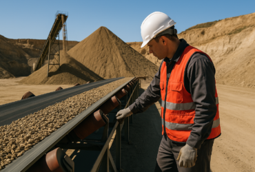 Técnico de Warbel inspeccionando banda transportadora de áridos en cantera de Mendoza, con pilas de material a granel al fondo.