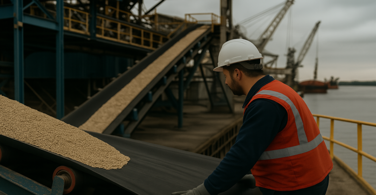 Técnico inspeccionando banda transportadora industrial de granos en terminal portuaria del norte de Santa Fe