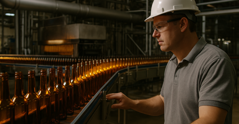 Técnico inspeccionando línea de producción de envases de vidrio en planta de packaging industrial en Mendoza, con botellas calientes sobre cinta transportadora.