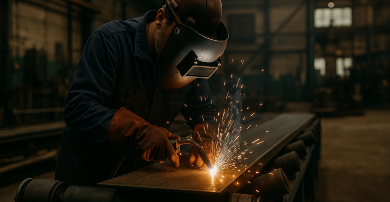 Operario realizando soldadura en taller metalúrgico industrial en Mendoza, fabricando componentes para cintas transportadoras y estructuras metálicas.
