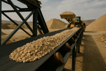 Cinta transportadora de áridos y minerales en cantera de Mendoza, con fondo industrial y estructura metálica.