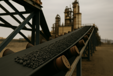 Cinta transportadora de áridos y minerales en cantera de Mendoza, con fondo industrial y estructura metálica.