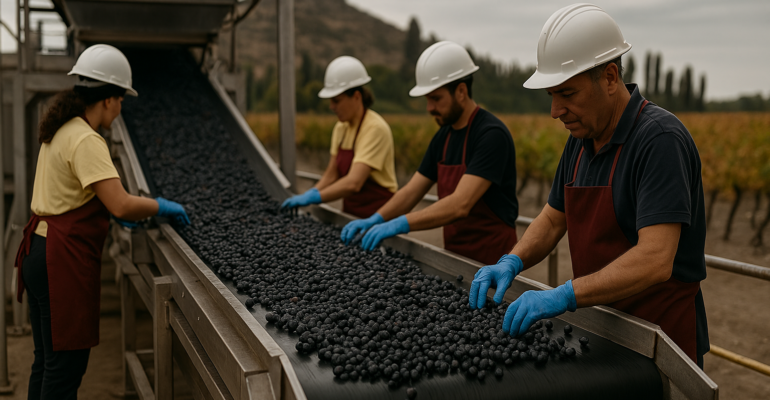 Técnicos de planta seleccionando uvas en una cinta transportadora industrial para la industria vitivinícola en Mendoza.