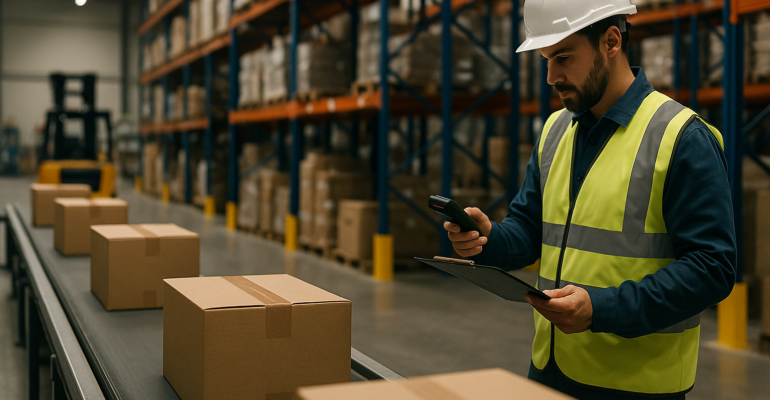 Operario realizando control logístico en centro de distribución en Mendoza, verificando paquetes sobre cinta transportadora modular en zona de picking y despacho.