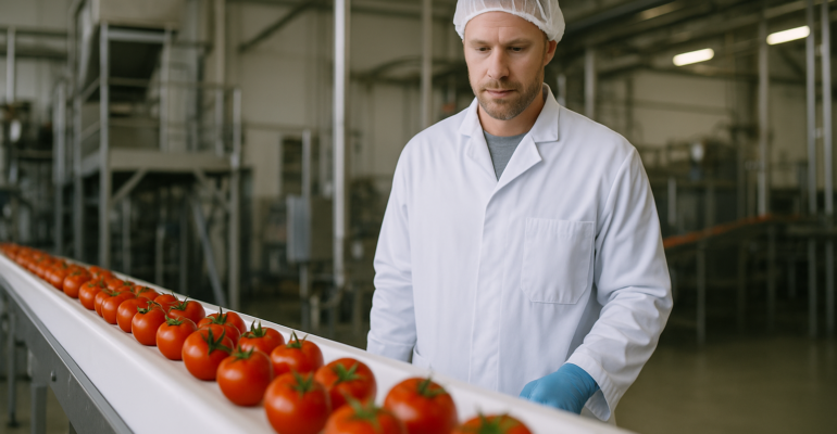 Operario controlando tomates en línea de producción alimentaria en Mendoza, sobre banda transportadora de PVC apta para contacto directo con alimentos.