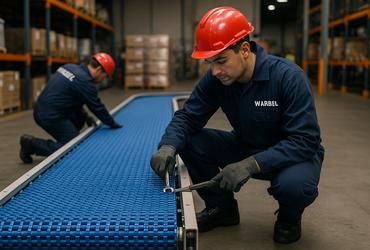 Técnicos de Warbel realizando mantenimiento de cinta transportadora industrial en centro logístico de Buenos Aires
